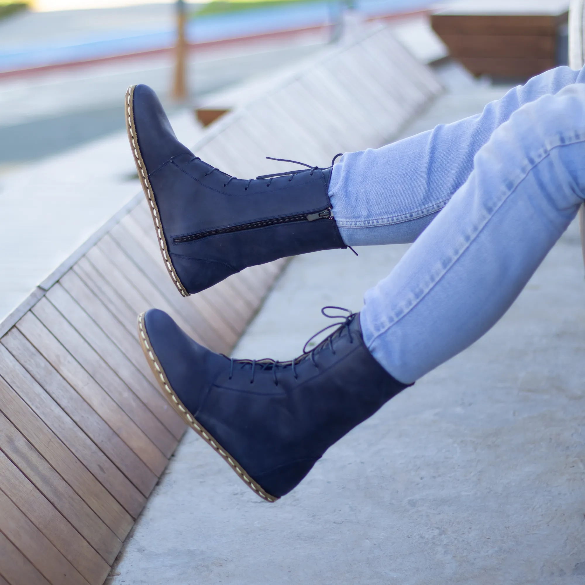 Barefoot Leather Lace-up Navy Blue Boots for Men