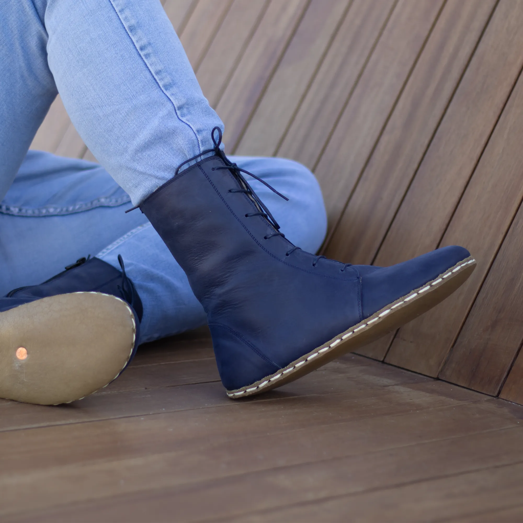 Barefoot Leather Lace-up Navy Blue Boots for Men