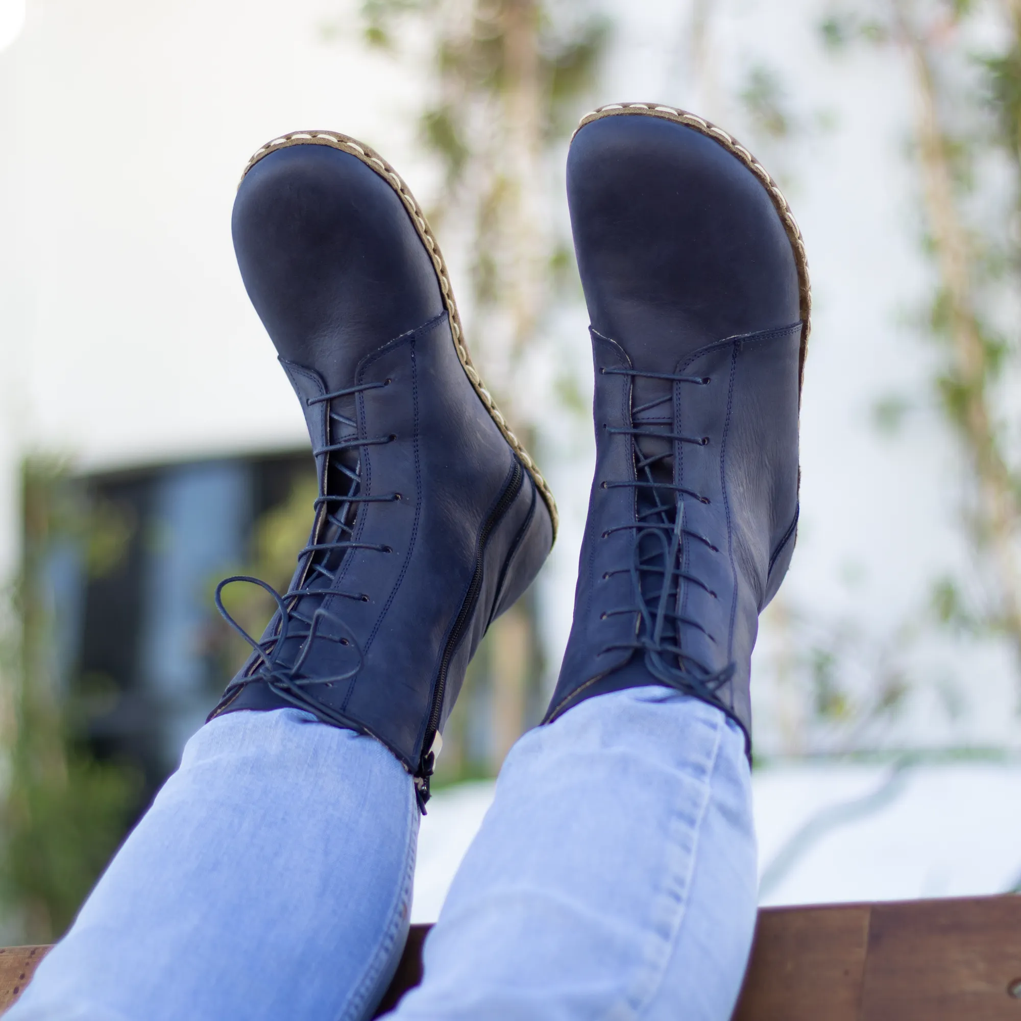 Barefoot Leather Lace-up Navy Blue Boots for Men