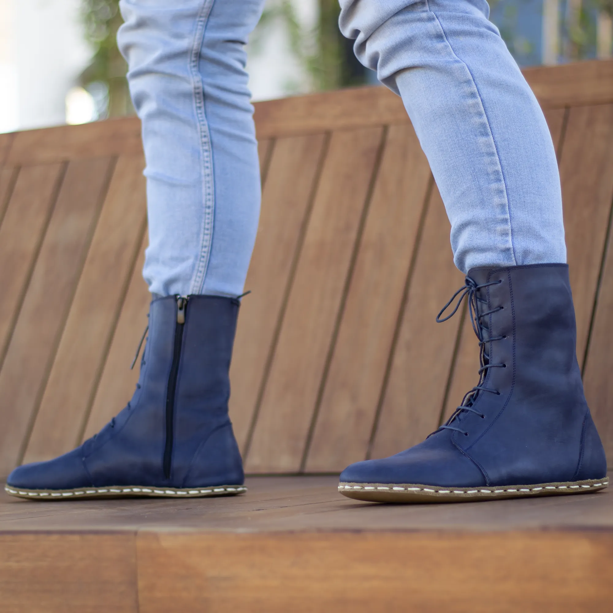 Barefoot Leather Lace-up Navy Blue Boots for Men