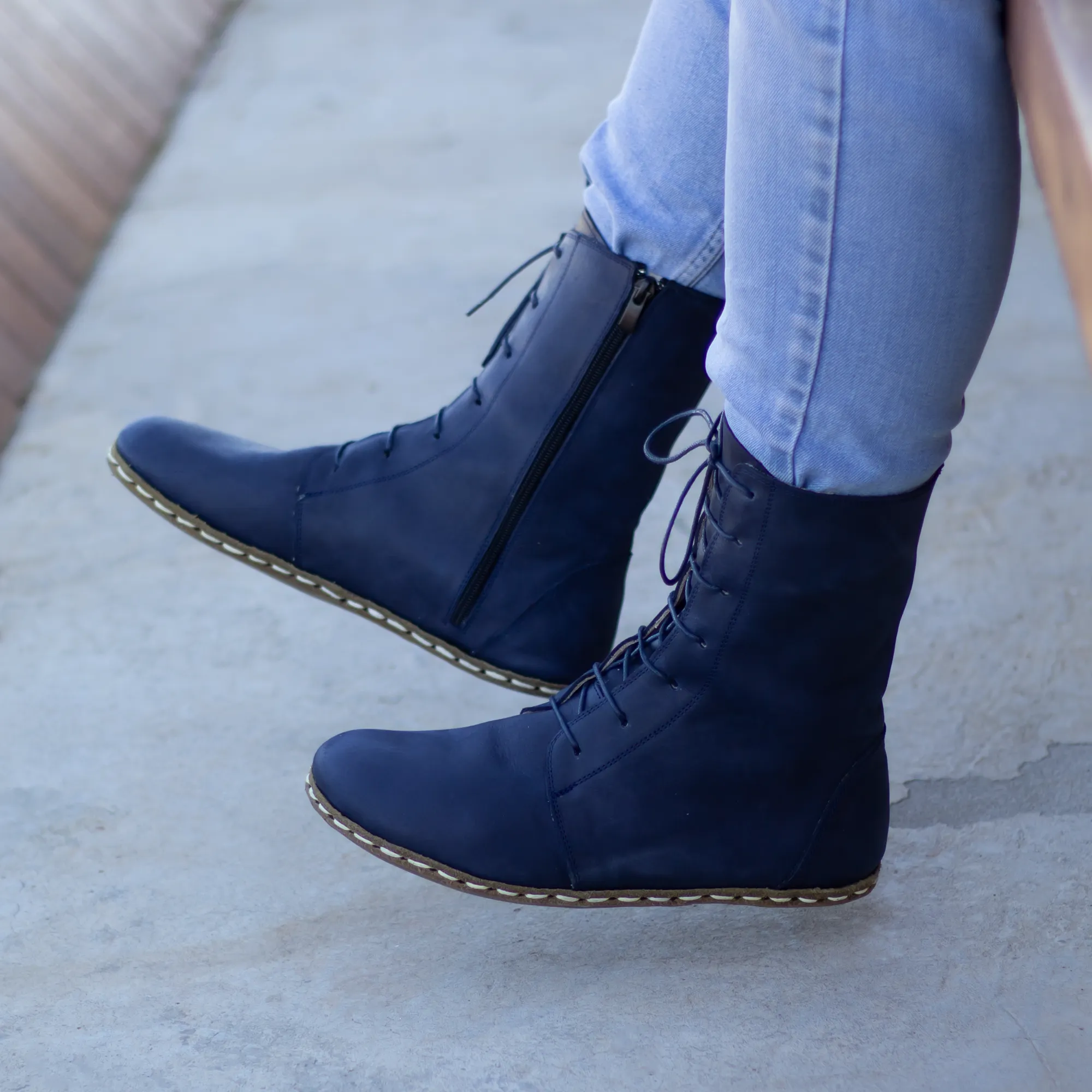 Barefoot Leather Lace-up Navy Blue Boots for Men