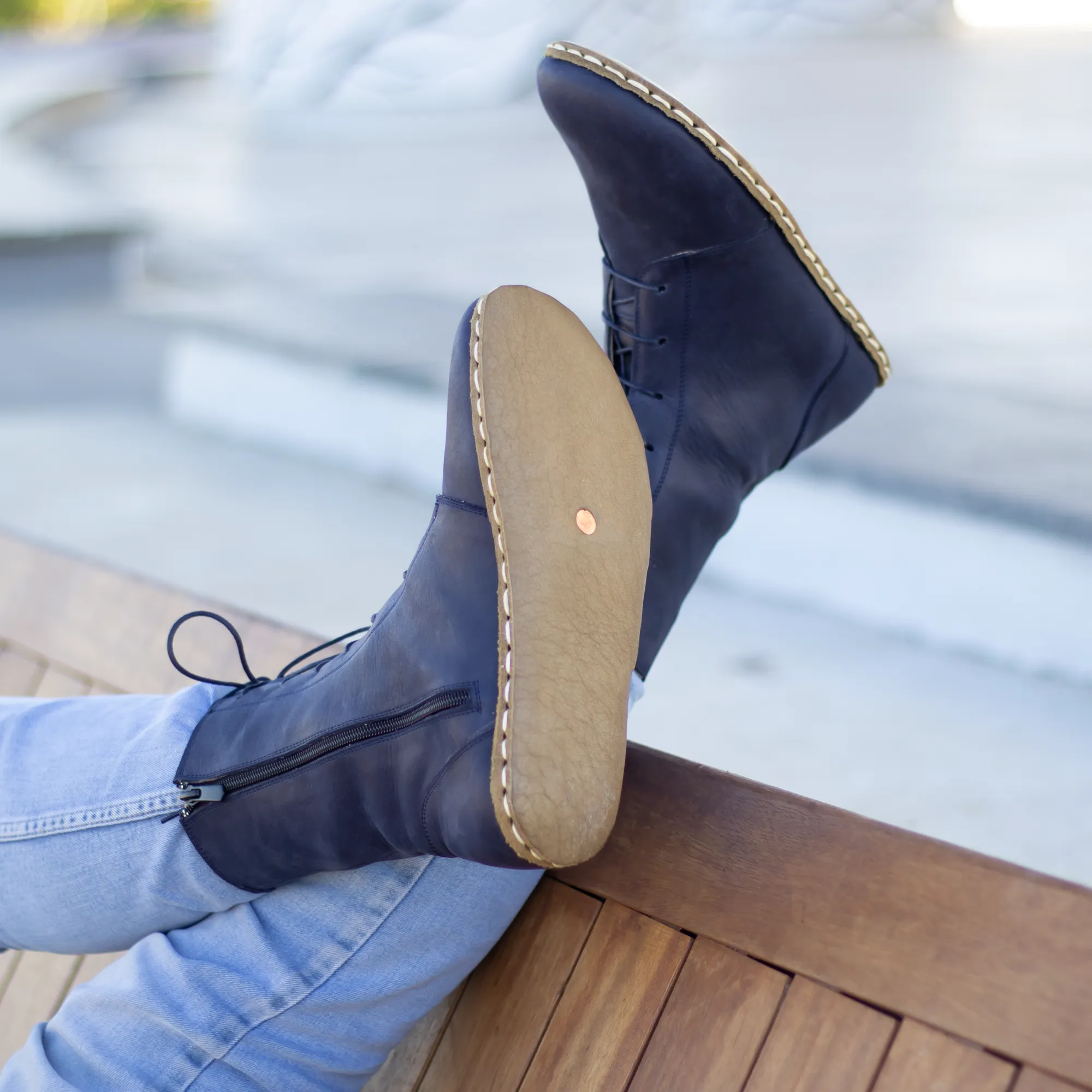 Barefoot Leather Lace-up Navy Blue Boots for Men