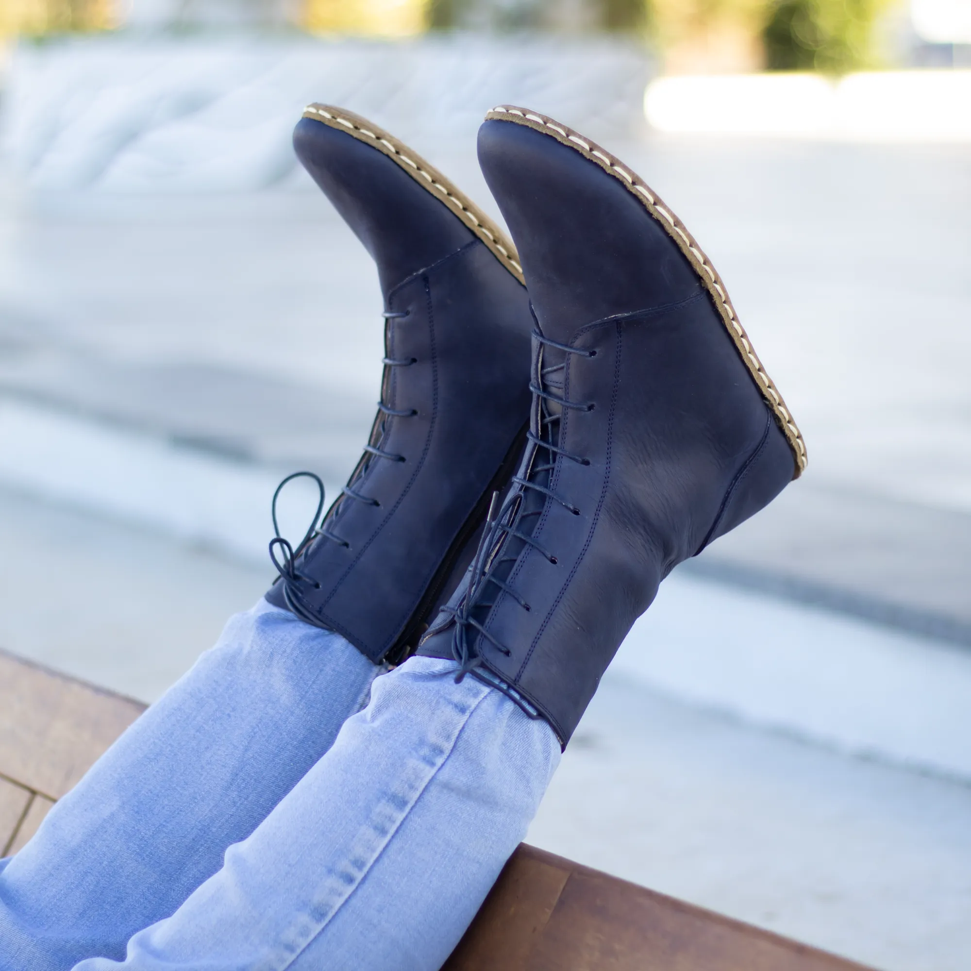 Barefoot Leather Lace-up Navy Blue Boots for Men