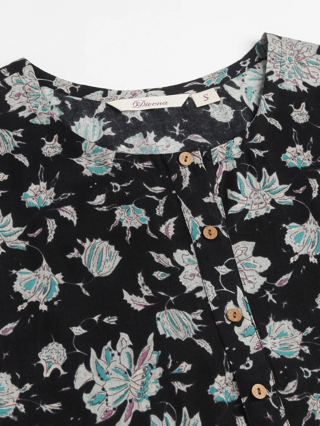 Black Floral Print Straight Fit Cotton kurta
