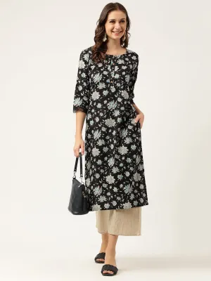 Black Floral Print Straight Fit Cotton kurta