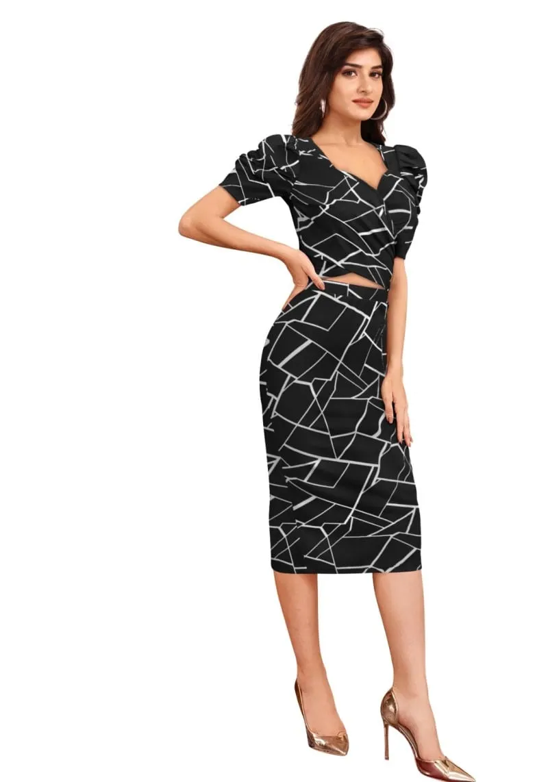 Black Geometric Printed Puff Sleeves Top and Skirt Set