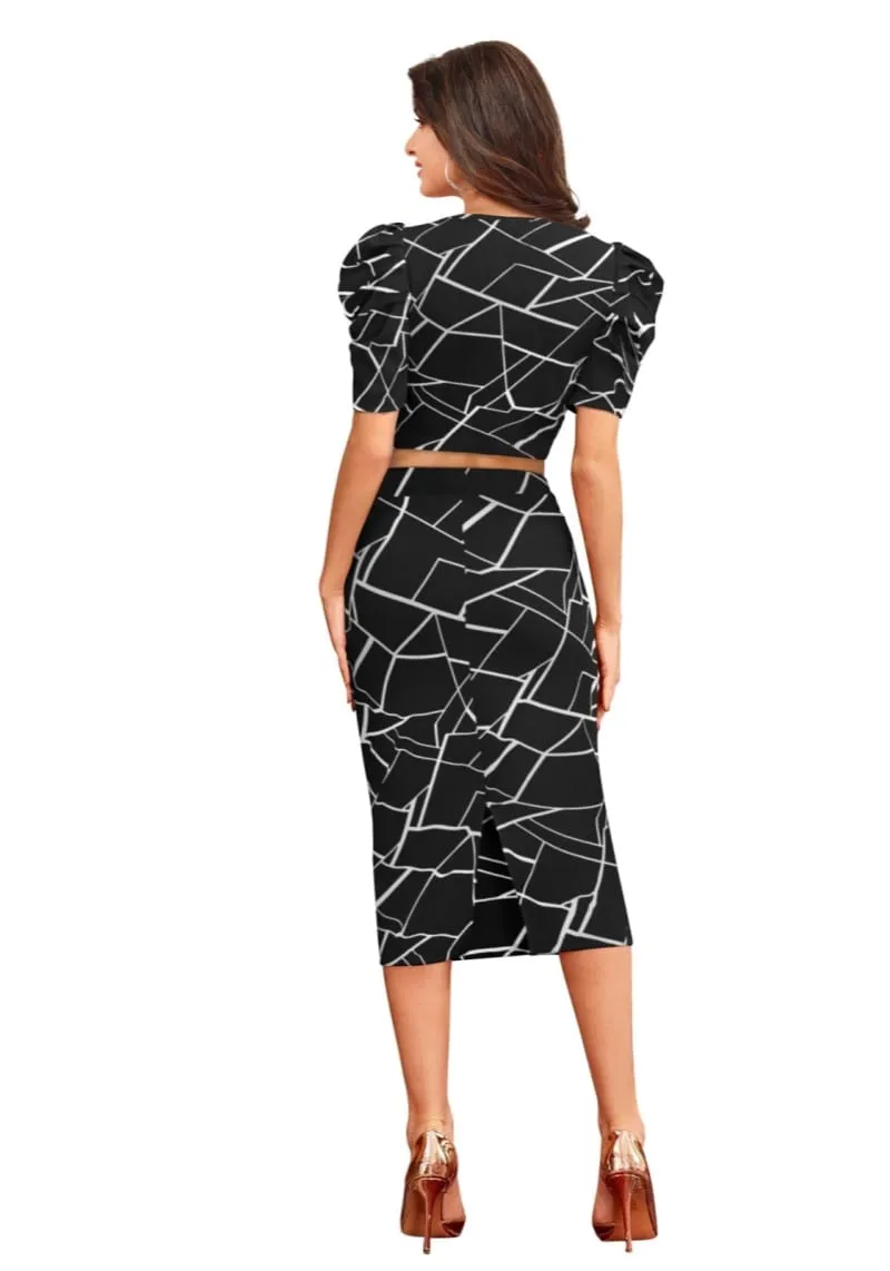 Black Geometric Printed Puff Sleeves Top and Skirt Set