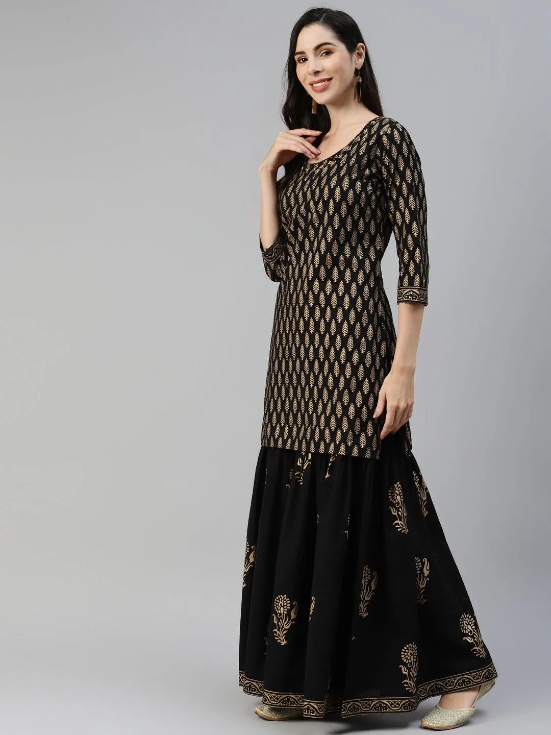 Black Gold Printed Cotton Kurta Sharara Set with Dupatta