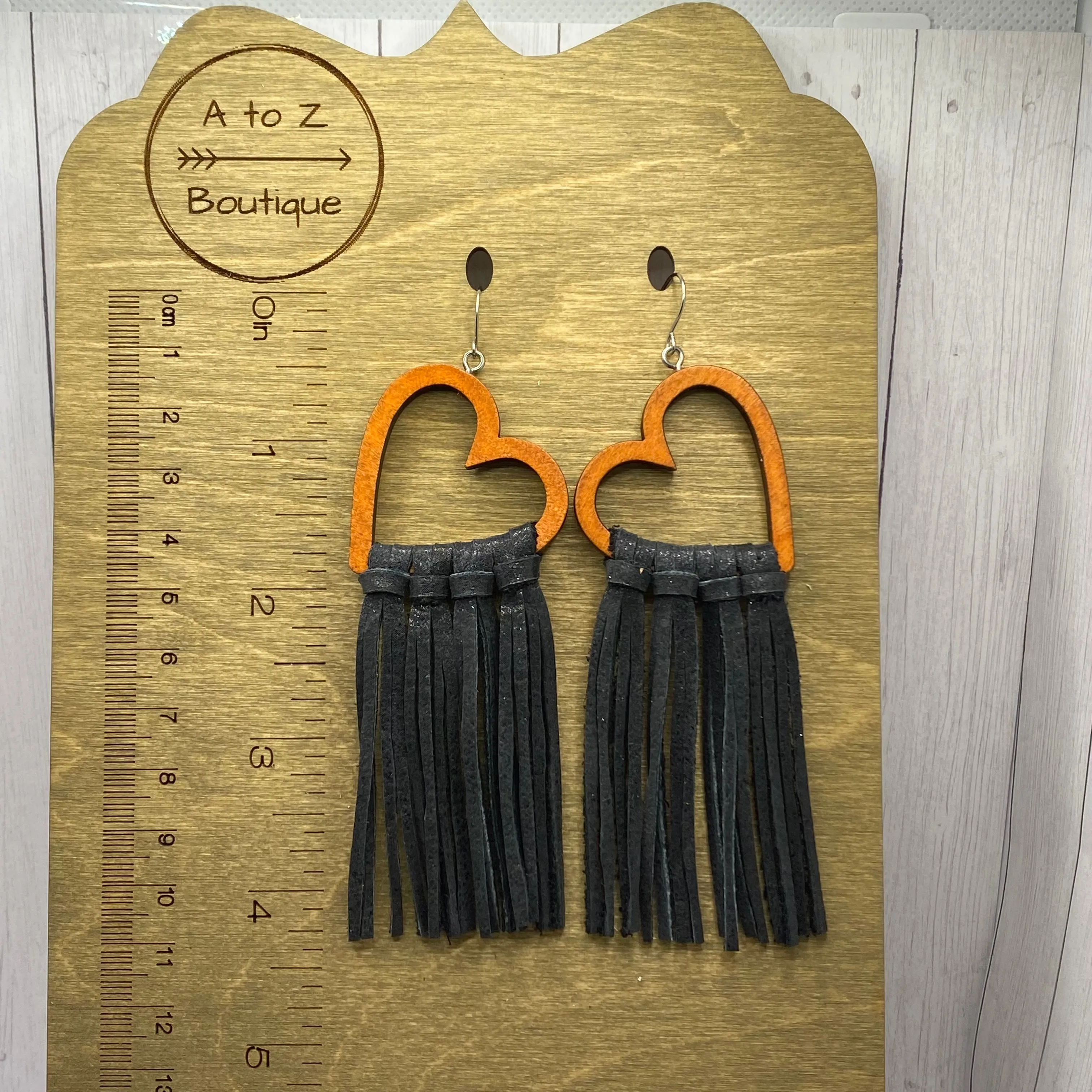 Black Leather Fringe Wood Heart Hoop Earrings