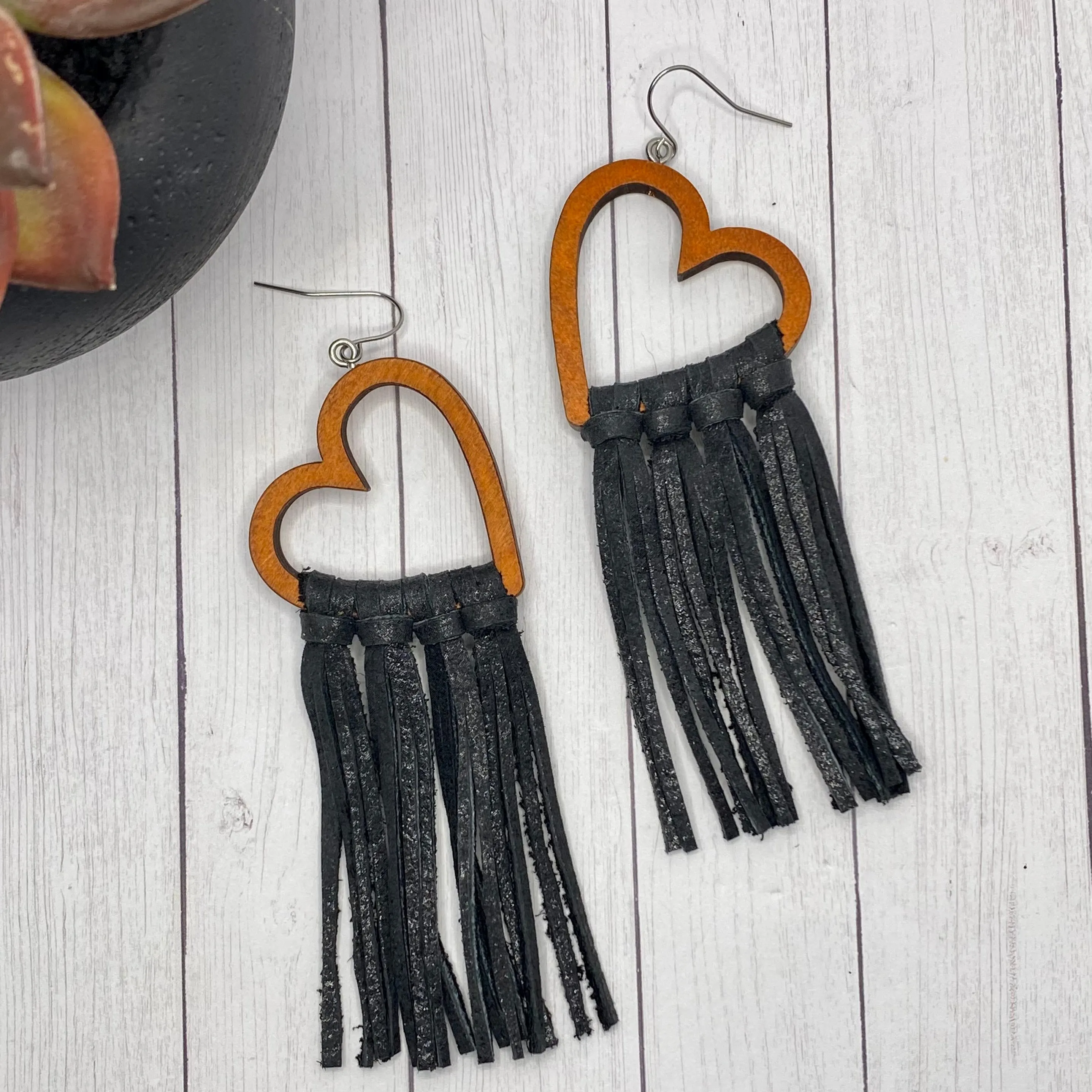 Black Leather Fringe Wood Heart Hoop Earrings