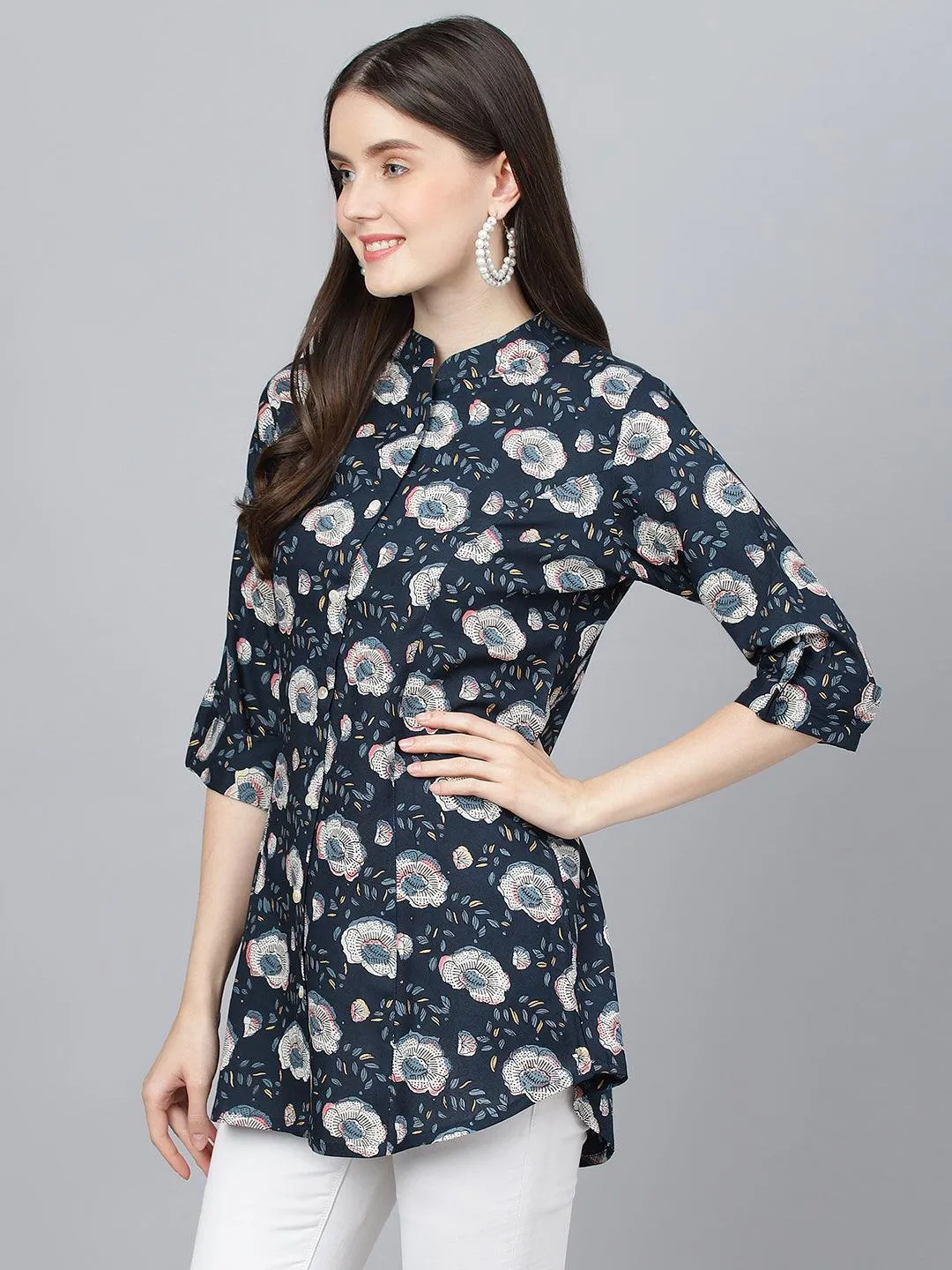 Blue Floral printed Rayon A-line Shirts Style Top