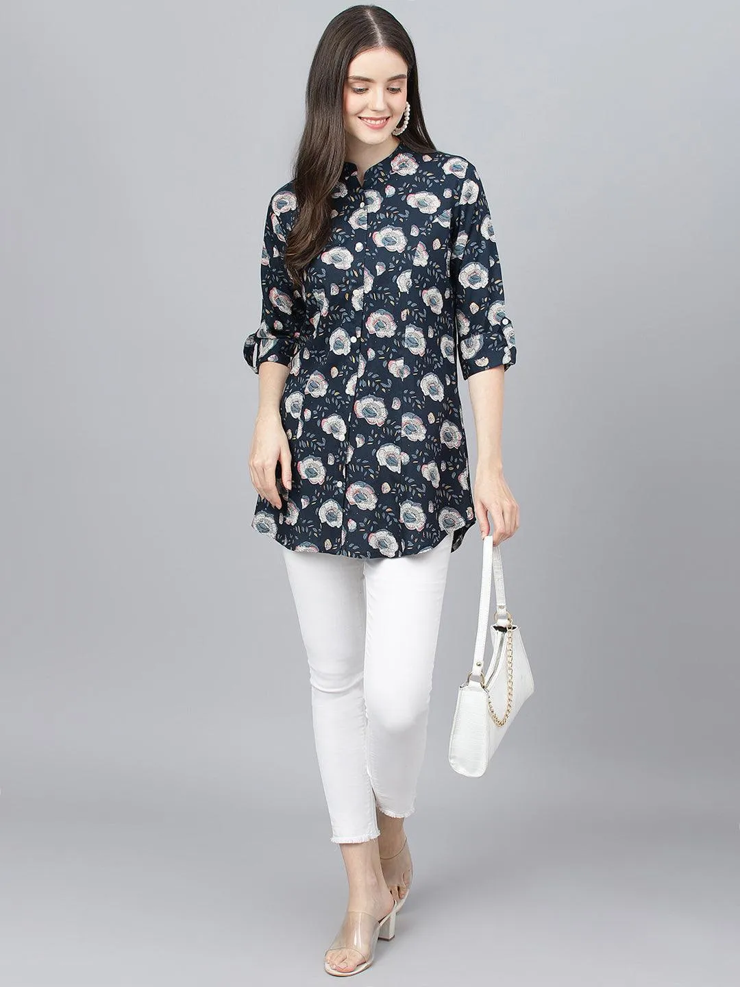 Blue Floral printed Rayon A-line Shirts Style Top