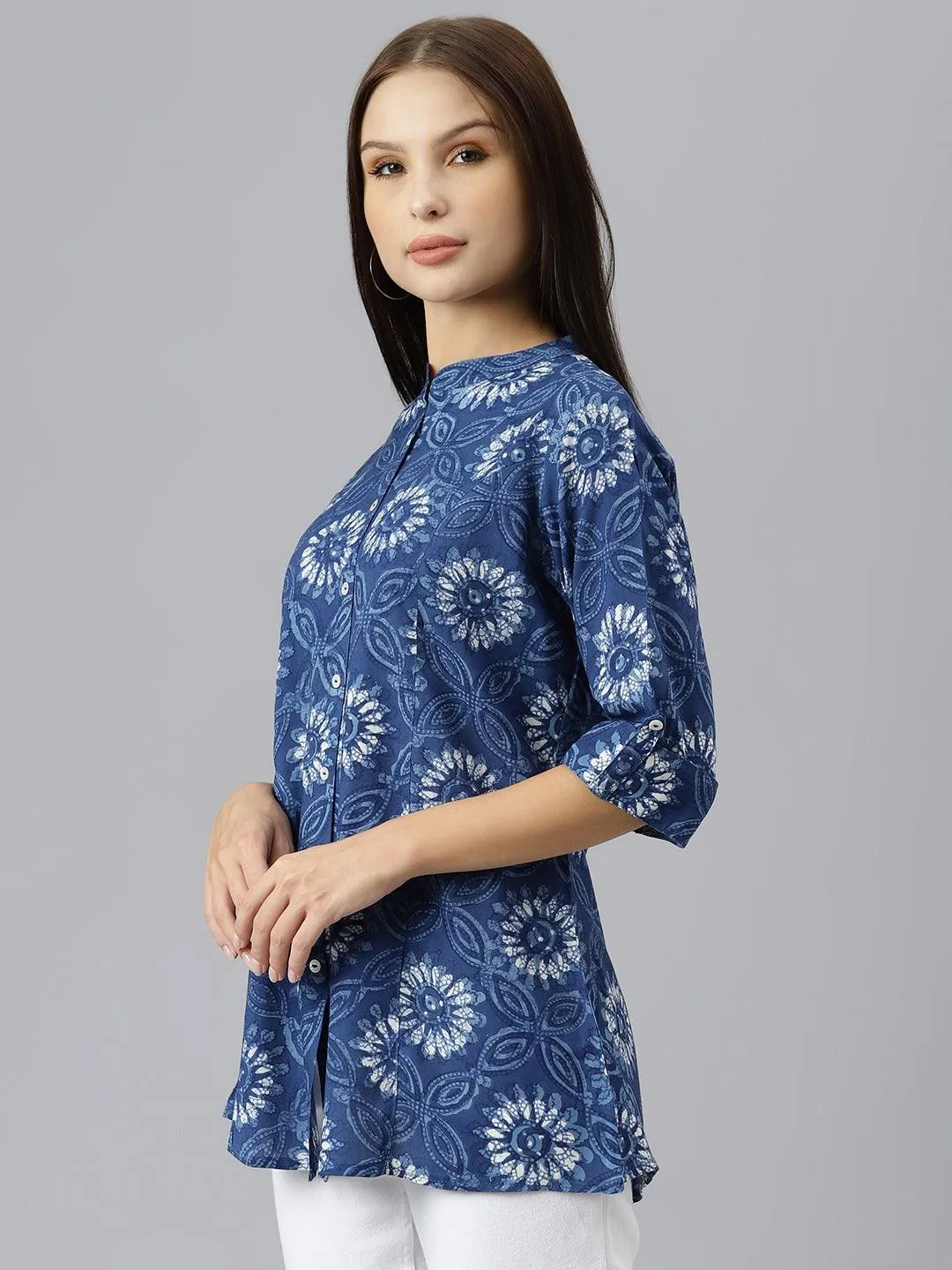 Blue Floral Rayon A-line Shirts Style Top