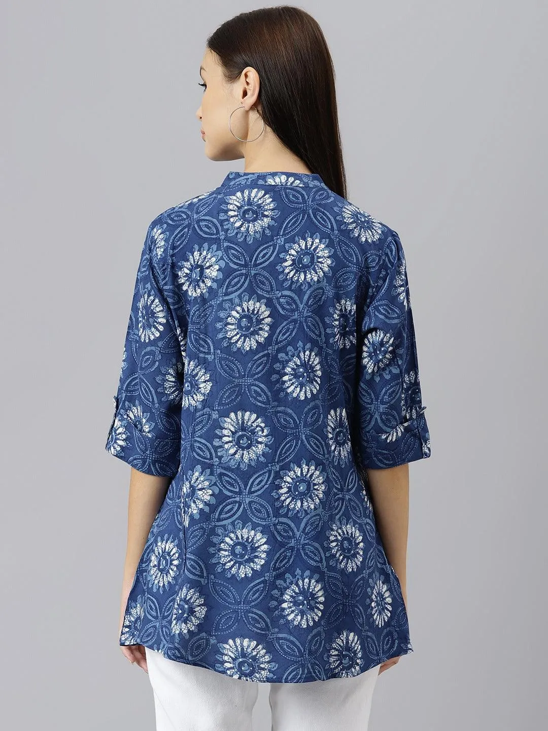 Blue Floral Rayon A-line Shirts Style Top