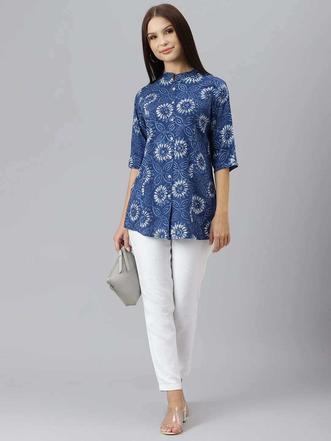 Blue Floral Rayon A-line Shirts Style Top