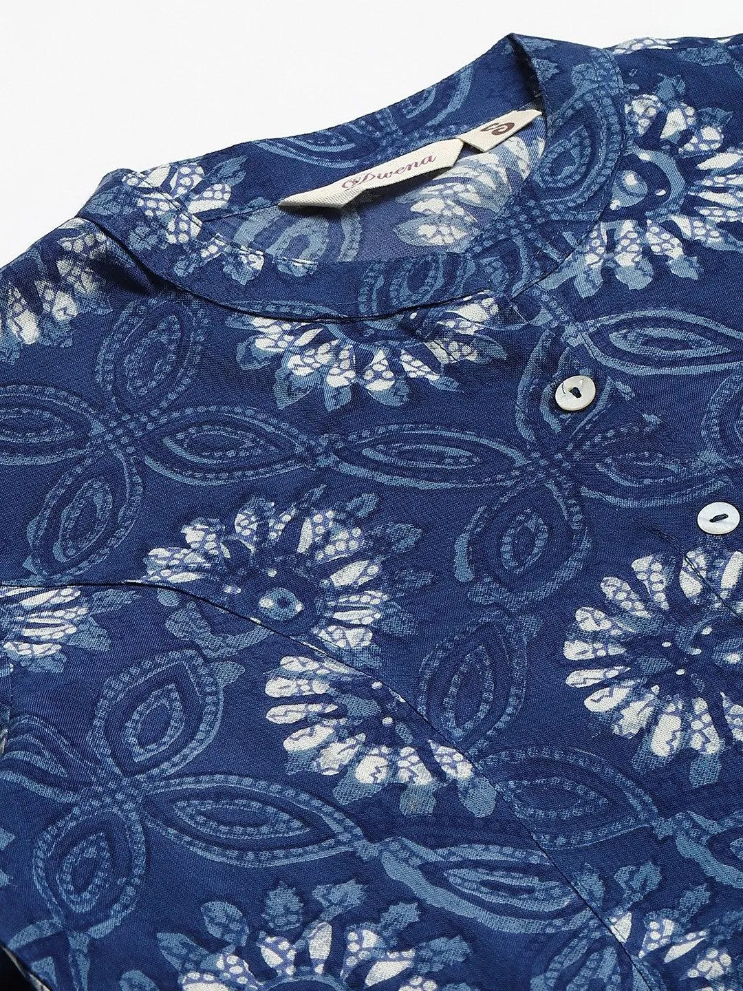 Blue Floral Rayon A-line Shirts Style Top
