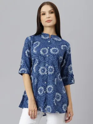 Blue Floral Rayon A-line Shirts Style Top
