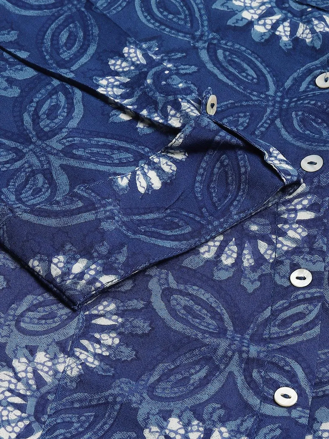 Blue Floral Rayon A-line Shirts Style Top