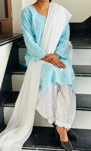 Blue Lucknow Luxe Elegance 3 pc Kurti Set with Afghani Pants & Dupatta