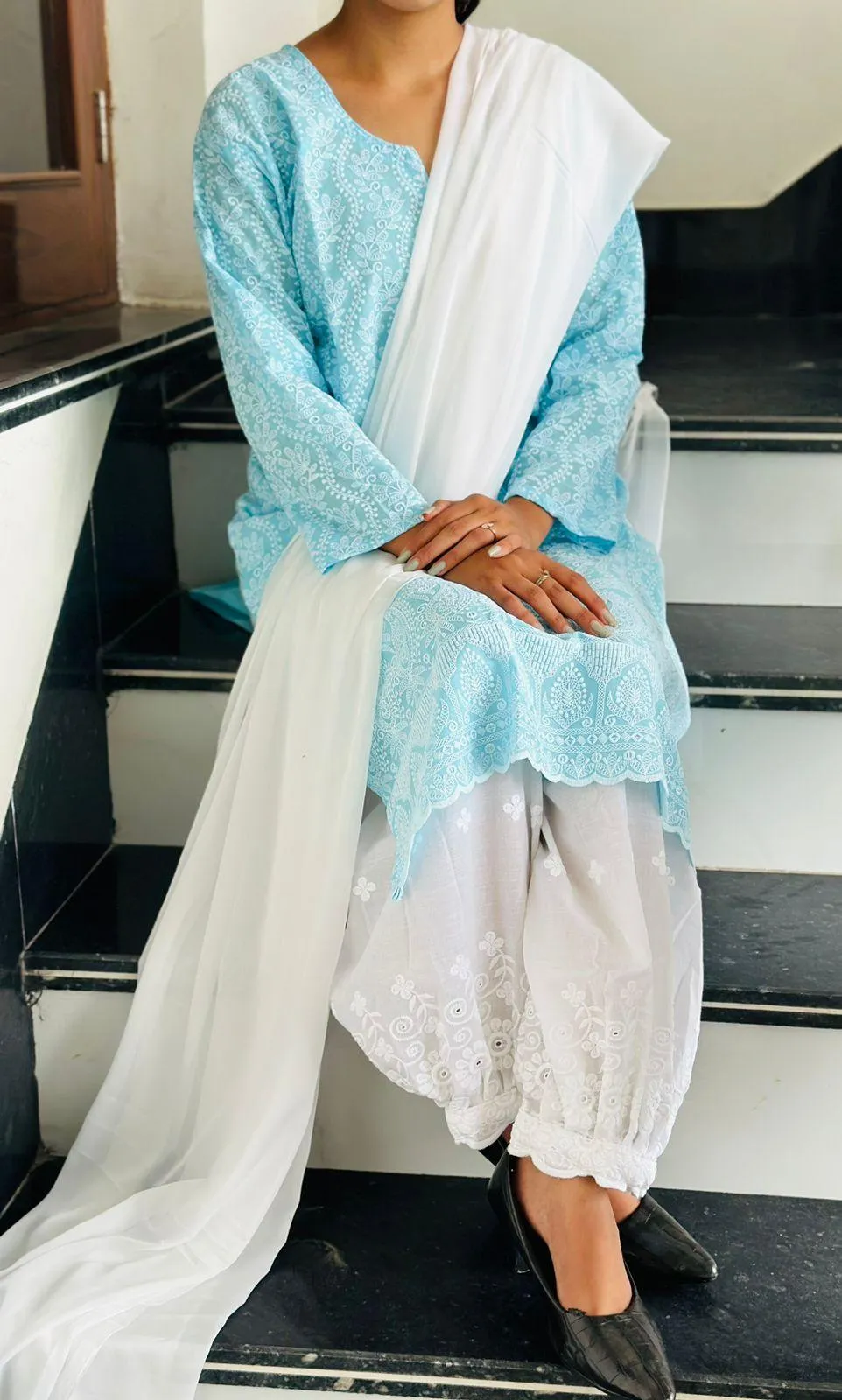 Blue Lucknow Luxe Elegance 3 pc Kurti Set with Afghani Pants & Dupatta