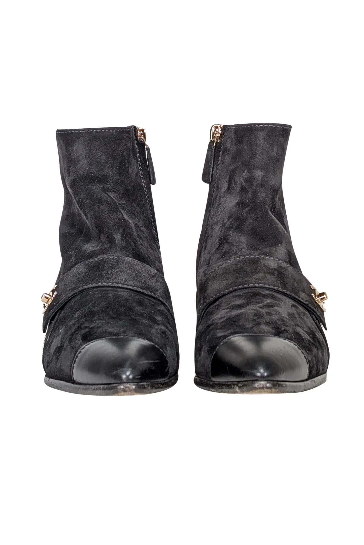 Chanel - Black Suede Leather Toe Short Boots Sz 10
