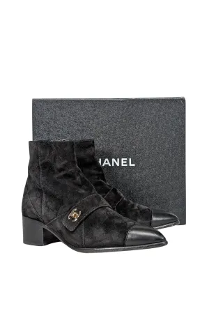 Chanel - Black Suede Leather Toe Short Boots Sz 10