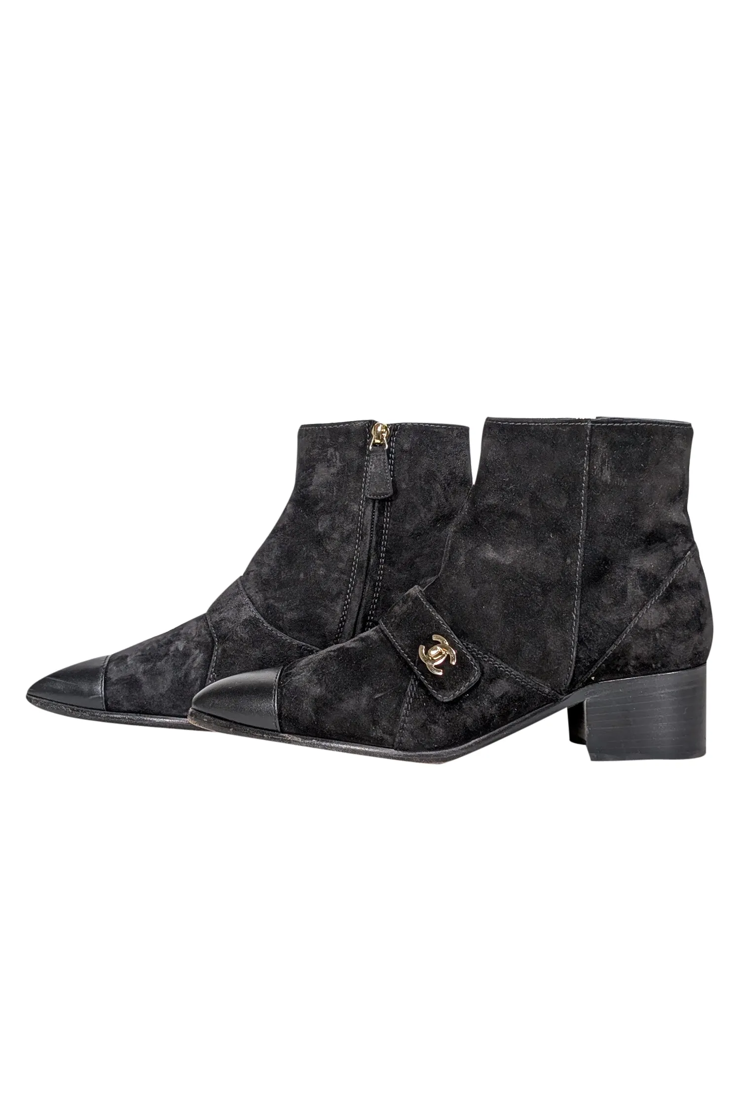 Chanel - Black Suede Leather Toe Short Boots Sz 10