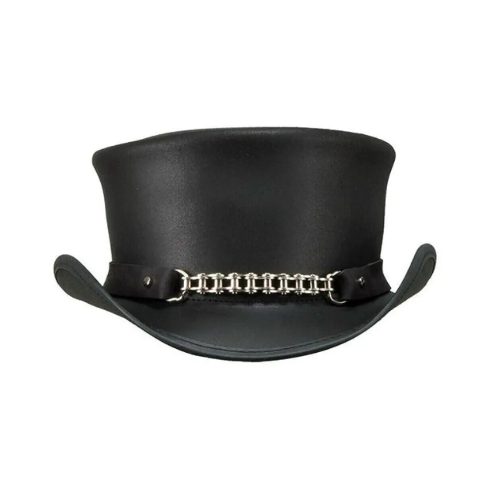 Chrome Chain Black Leather Top Hat