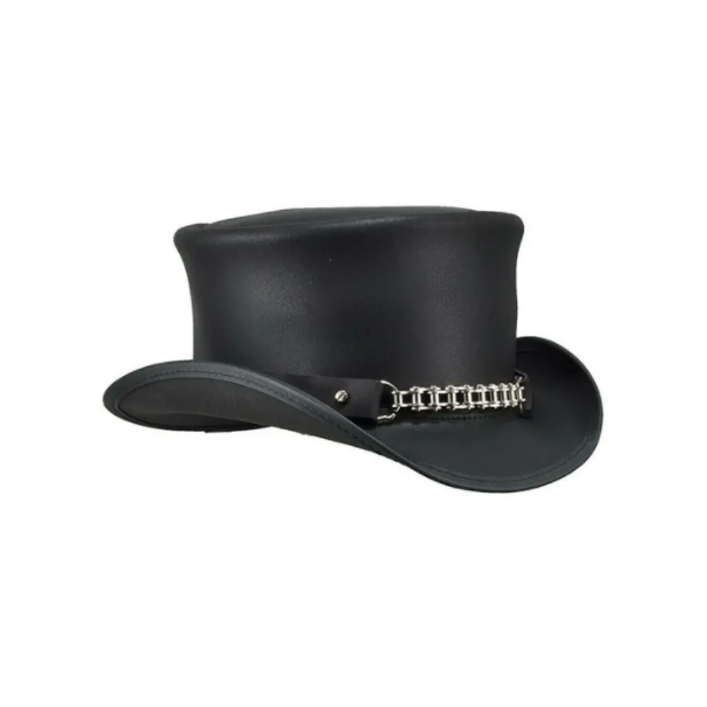 Chrome Chain Black Leather Top Hat
