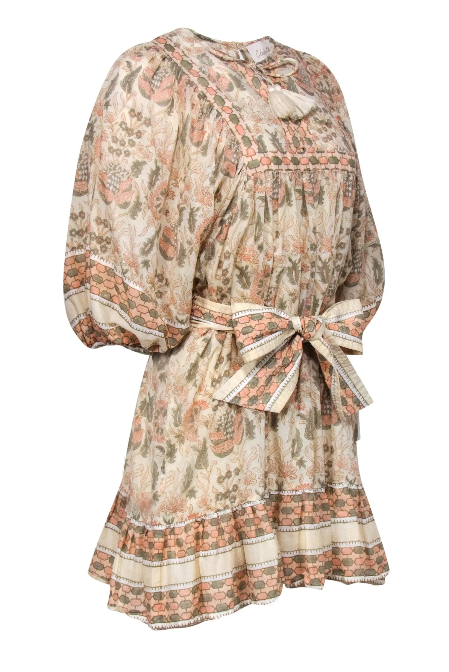 Cleobella - Beige, Pink & Green Floral Print Balloon Sleeve Belted Dress Sz M