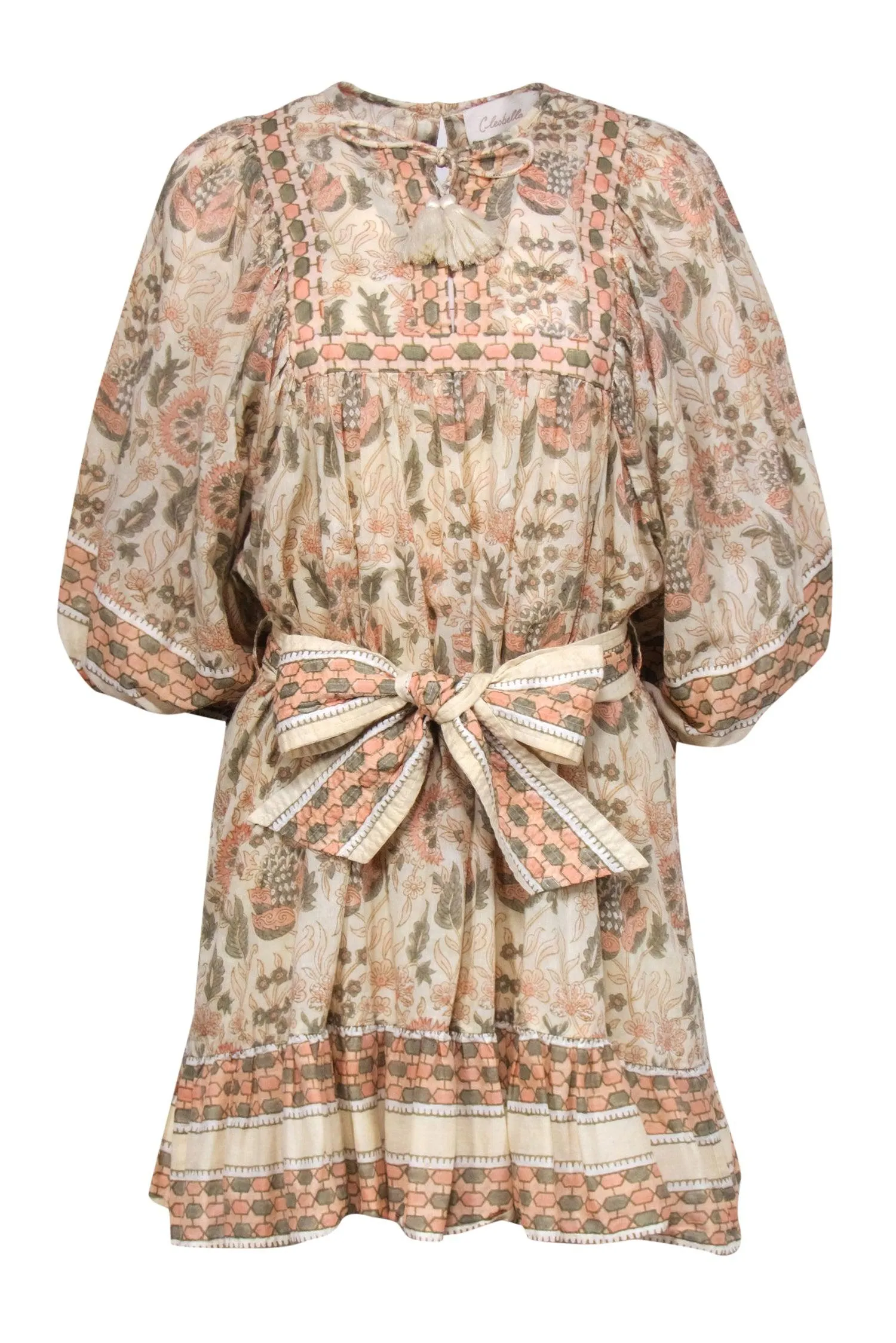 Cleobella - Beige, Pink & Green Floral Print Balloon Sleeve Belted Dress Sz M