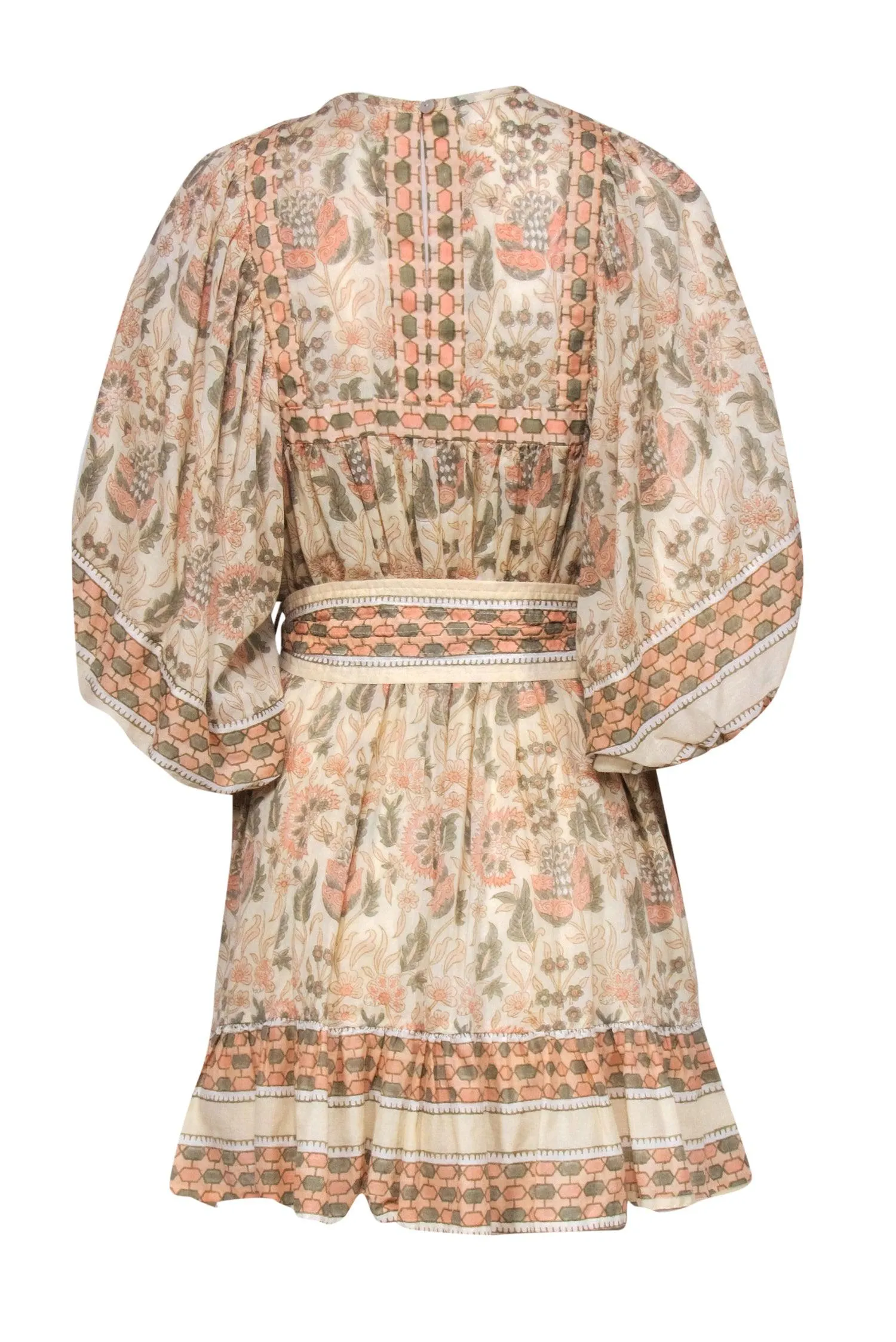 Cleobella - Beige, Pink & Green Floral Print Balloon Sleeve Belted Dress Sz M