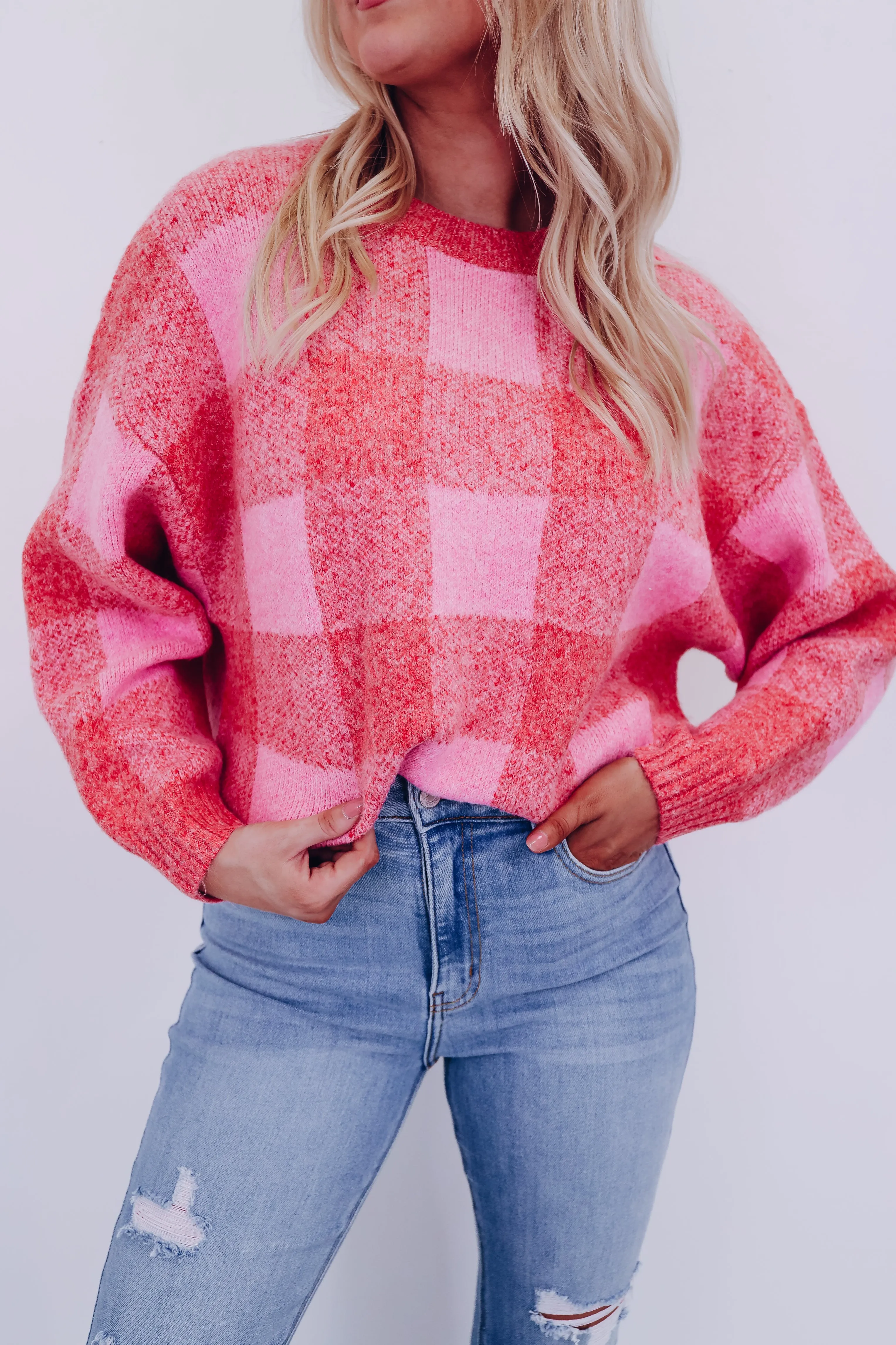 Fergie Fuzzy Checkered Sweater - Red/Pink
