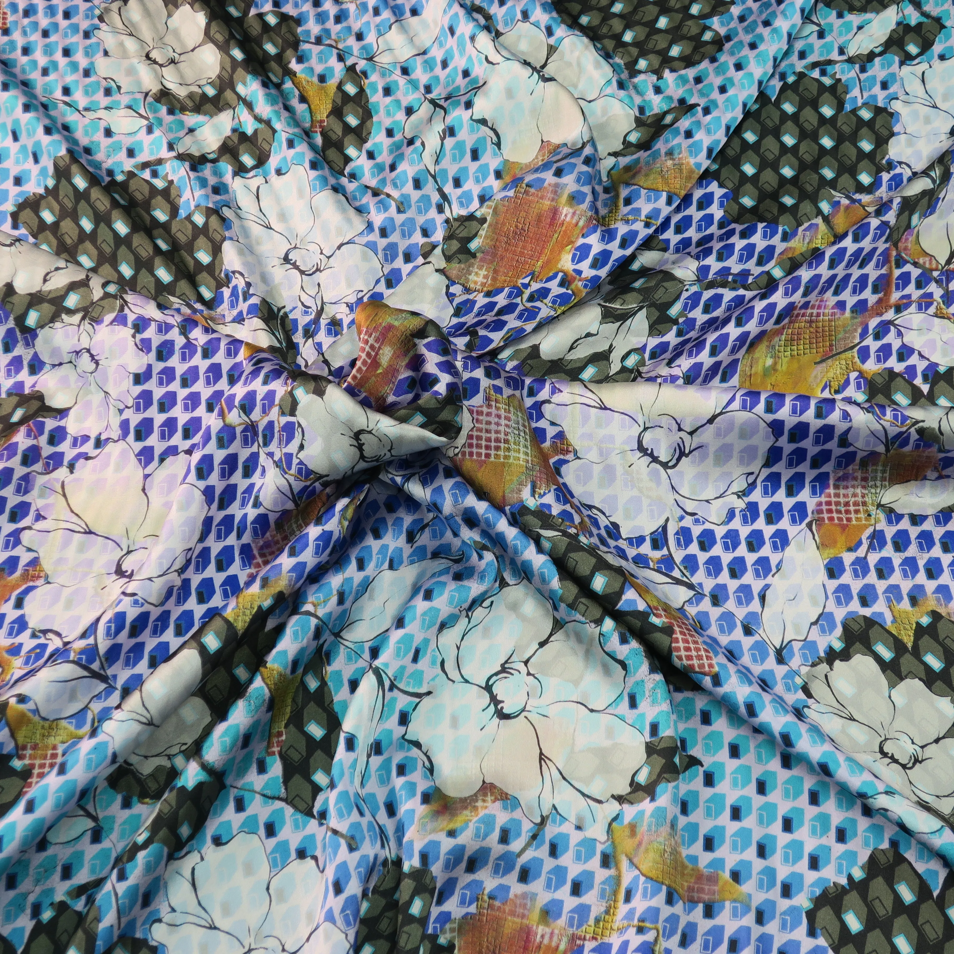 Floral and Square Pattern Printed Silk Charmeuse