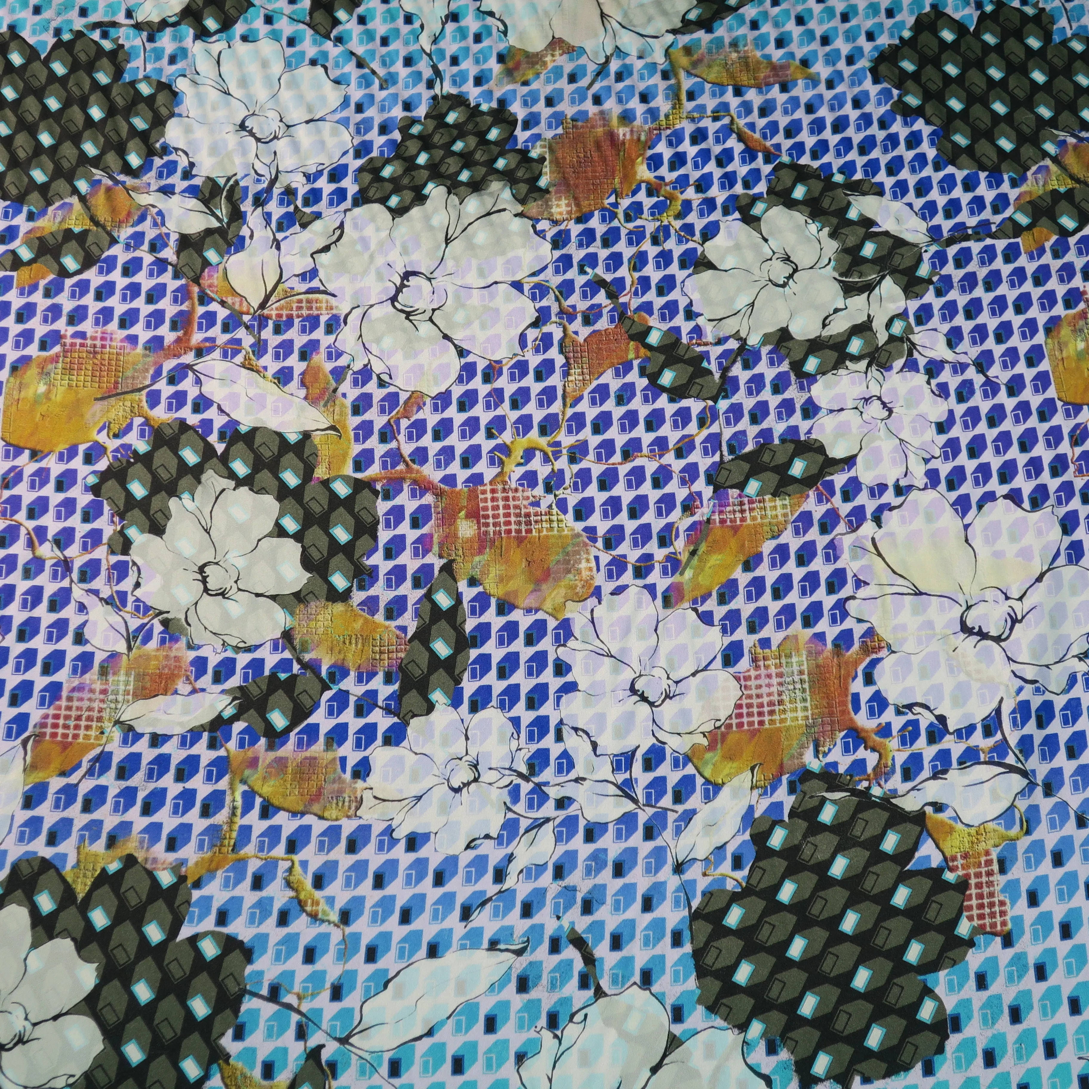 Floral and Square Pattern Printed Silk Charmeuse