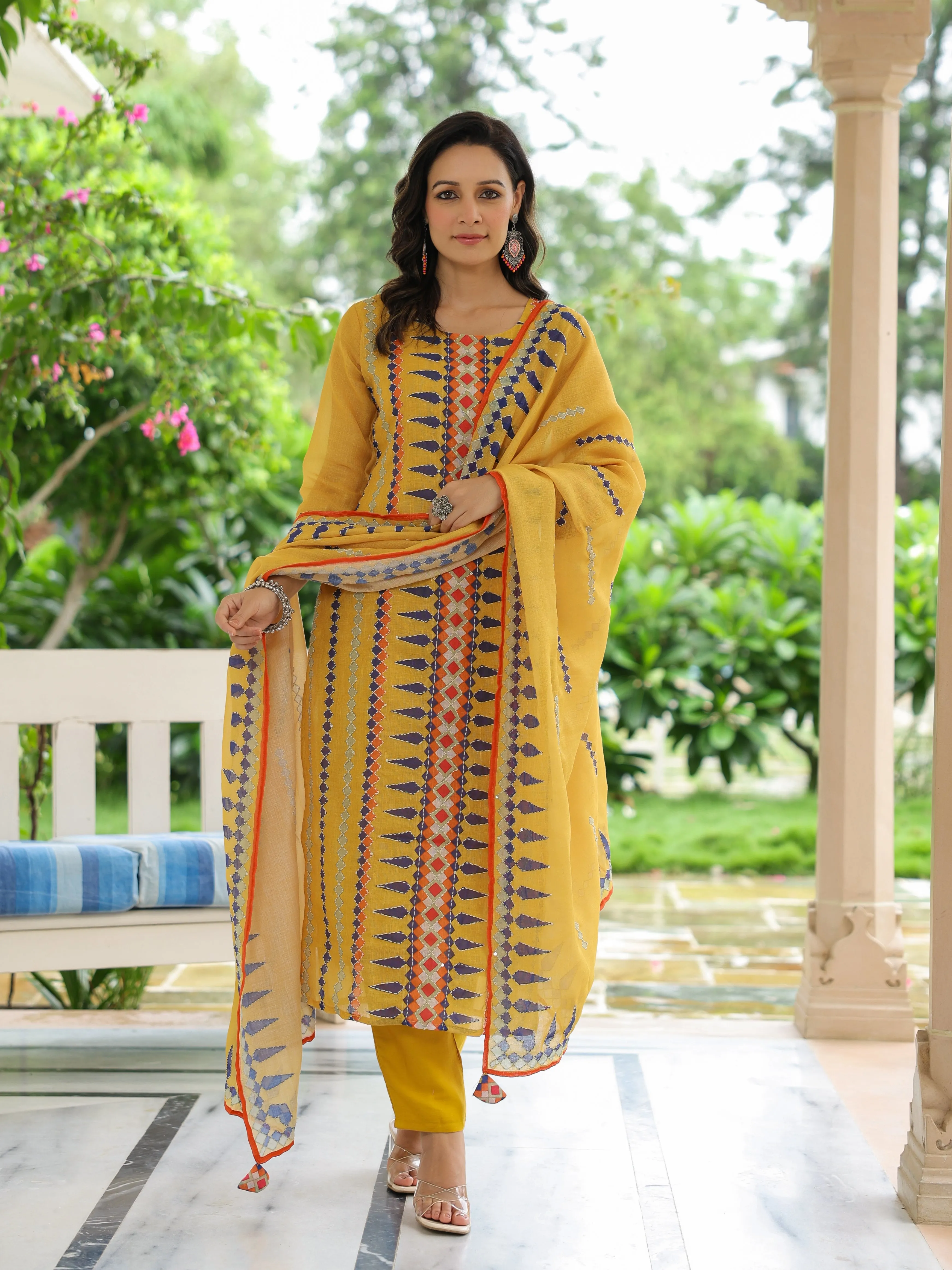 Geometric Printed Straight Fit Kurta with Pant & Dupatta - Yellow