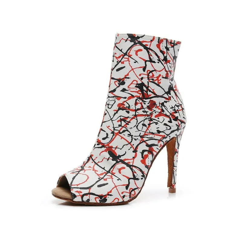 High Heel Graffiti Print Peep-toe Ankle Boots in Abstract Design