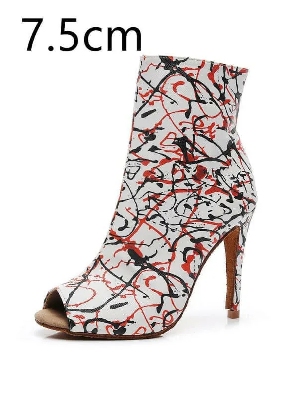 High Heel Graffiti Print Peep-toe Ankle Boots in Abstract Design