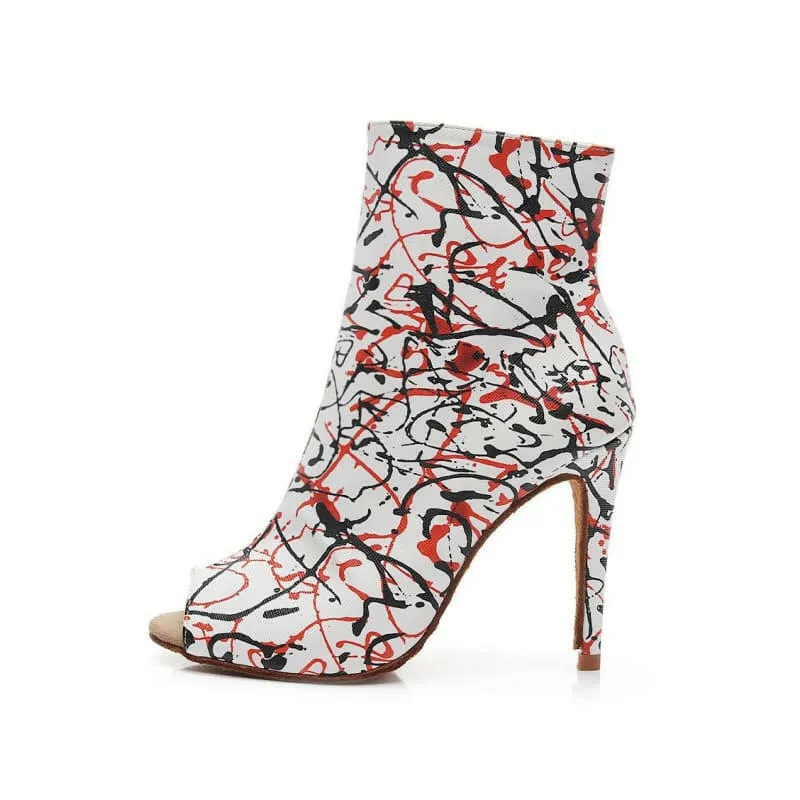 High Heel Graffiti Print Peep-toe Ankle Boots in Abstract Design