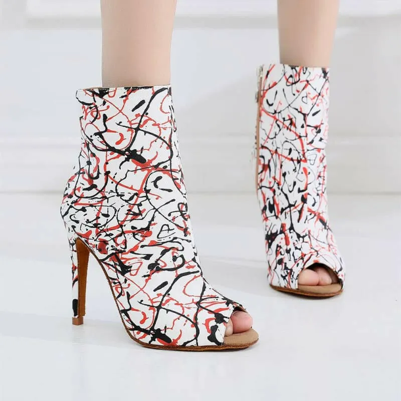 High Heel Graffiti Print Peep-toe Ankle Boots in Abstract Design