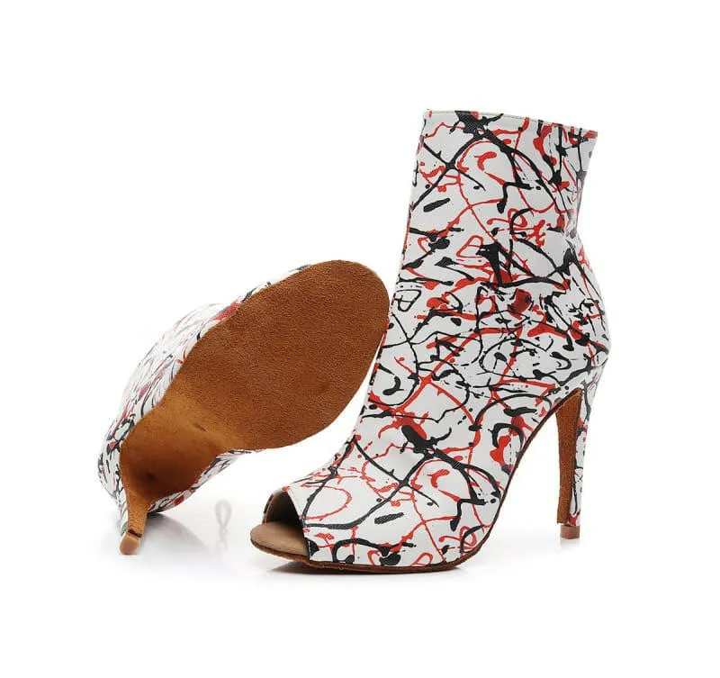 High Heel Graffiti Print Peep-toe Ankle Boots in Abstract Design