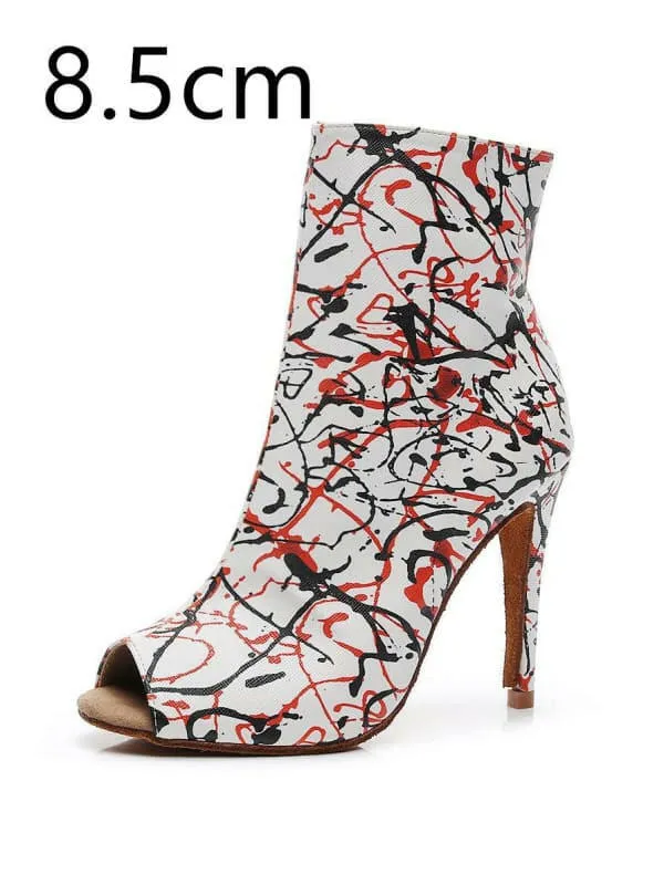 High Heel Graffiti Print Peep-toe Ankle Boots in Abstract Design