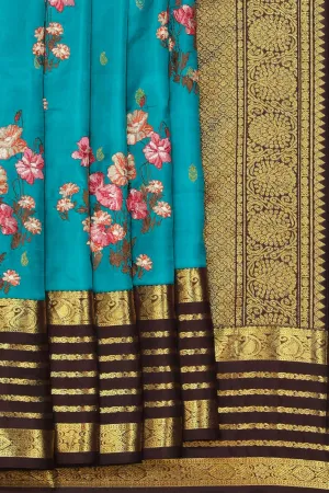 Kanchipattu Embroidery Teal Blue Saree
