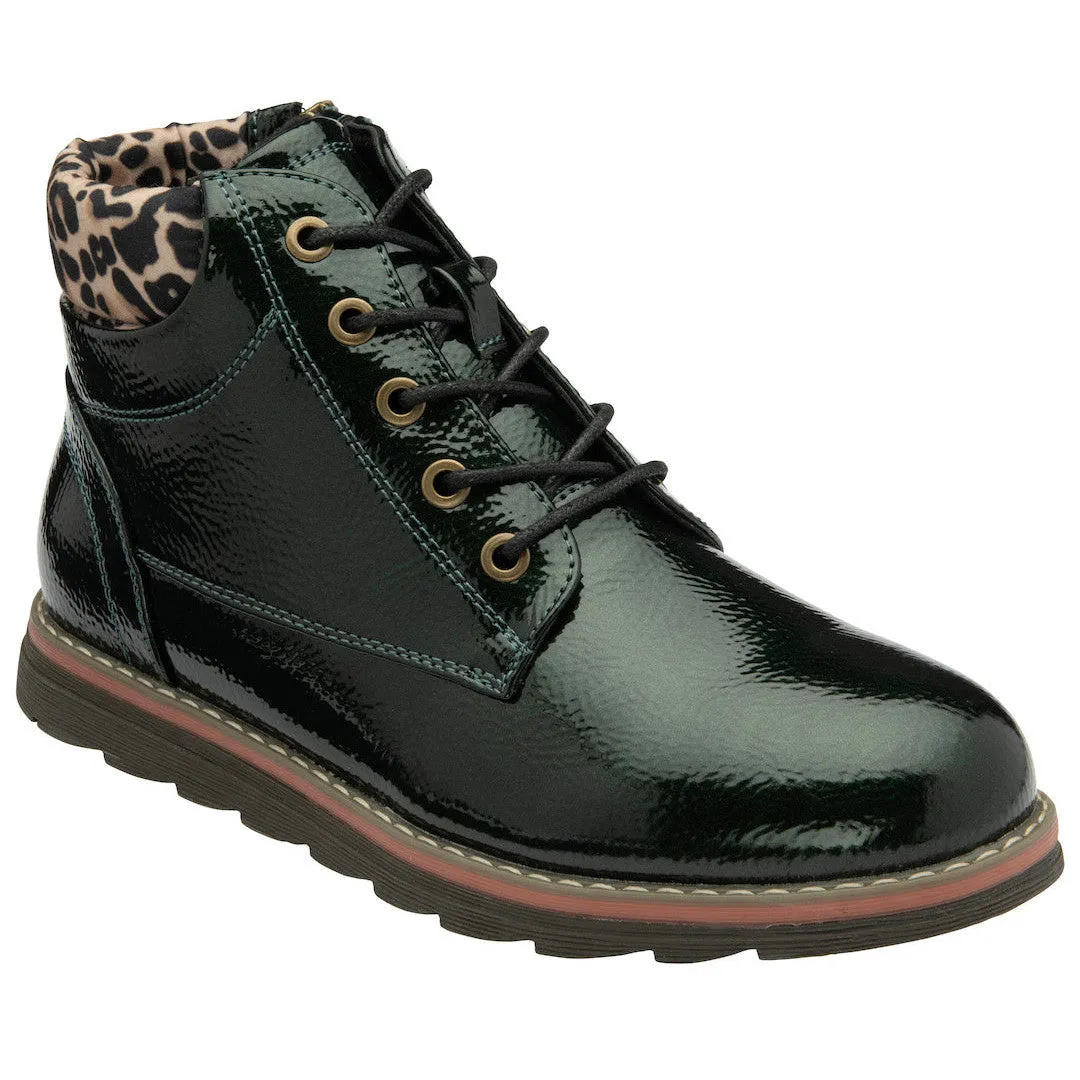 Lotus Lexis Ladies Green/Leopard Zip & Lace Ankle Boots