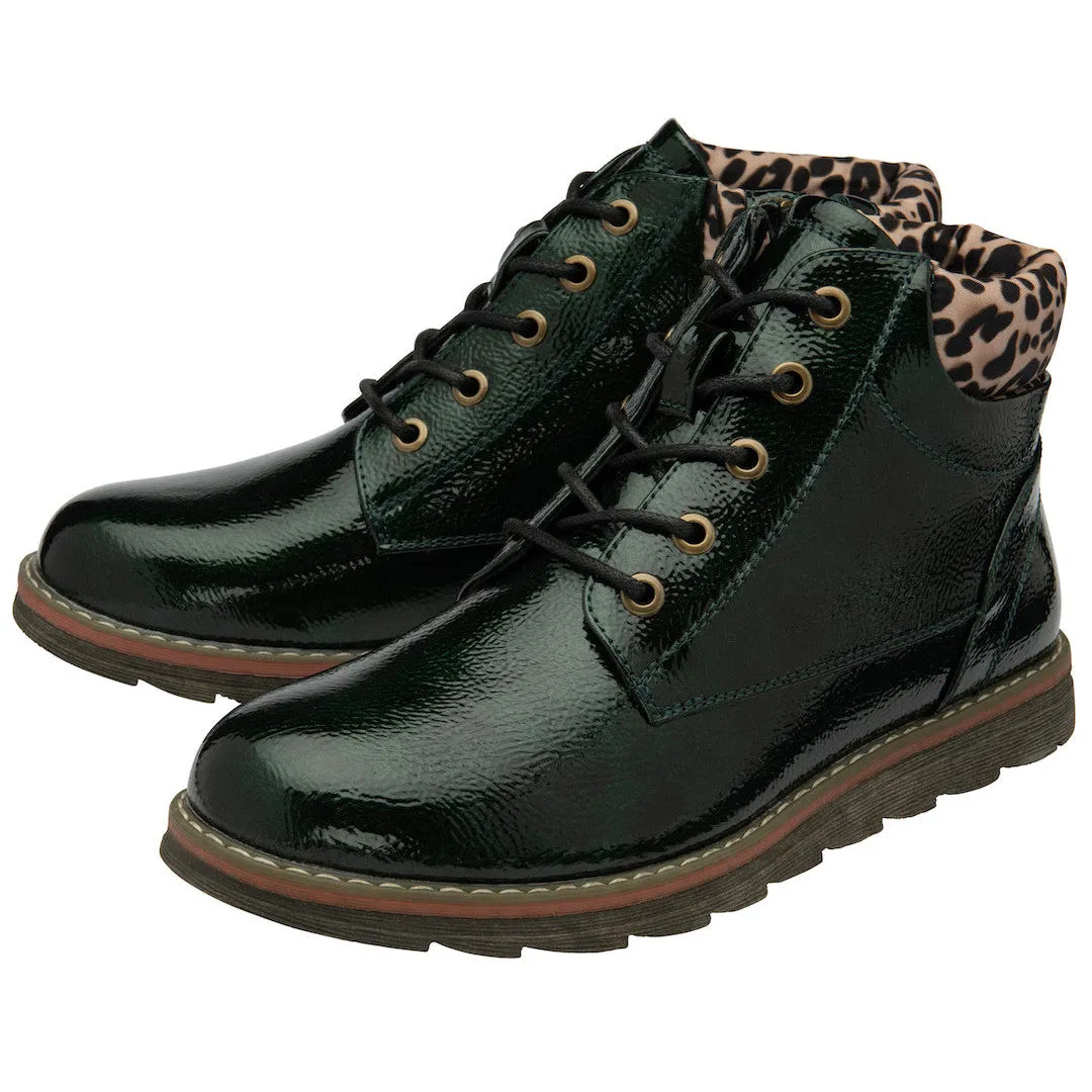 Lotus Lexis Ladies Green/Leopard Zip & Lace Ankle Boots