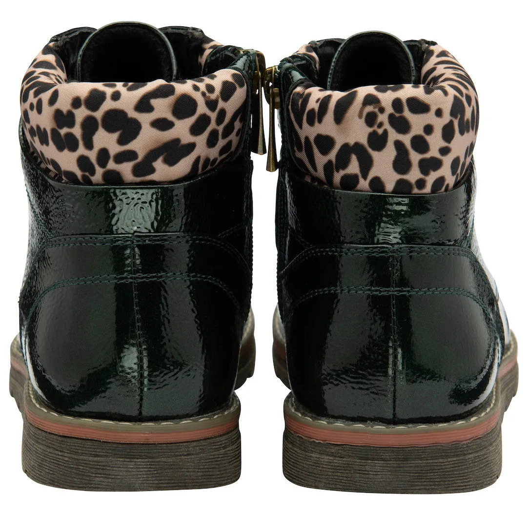 Lotus Lexis Ladies Green/Leopard Zip & Lace Ankle Boots