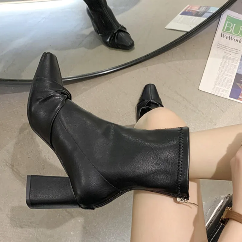 Lucyever Black White High Heel Ankle Boots Women 2022 Pointed Toe Pu Leather Short Booties