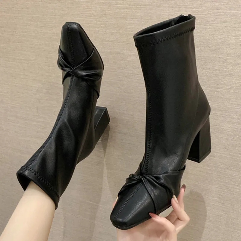 Lucyever Black White High Heel Ankle Boots Women 2022 Pointed Toe Pu Leather Short Booties