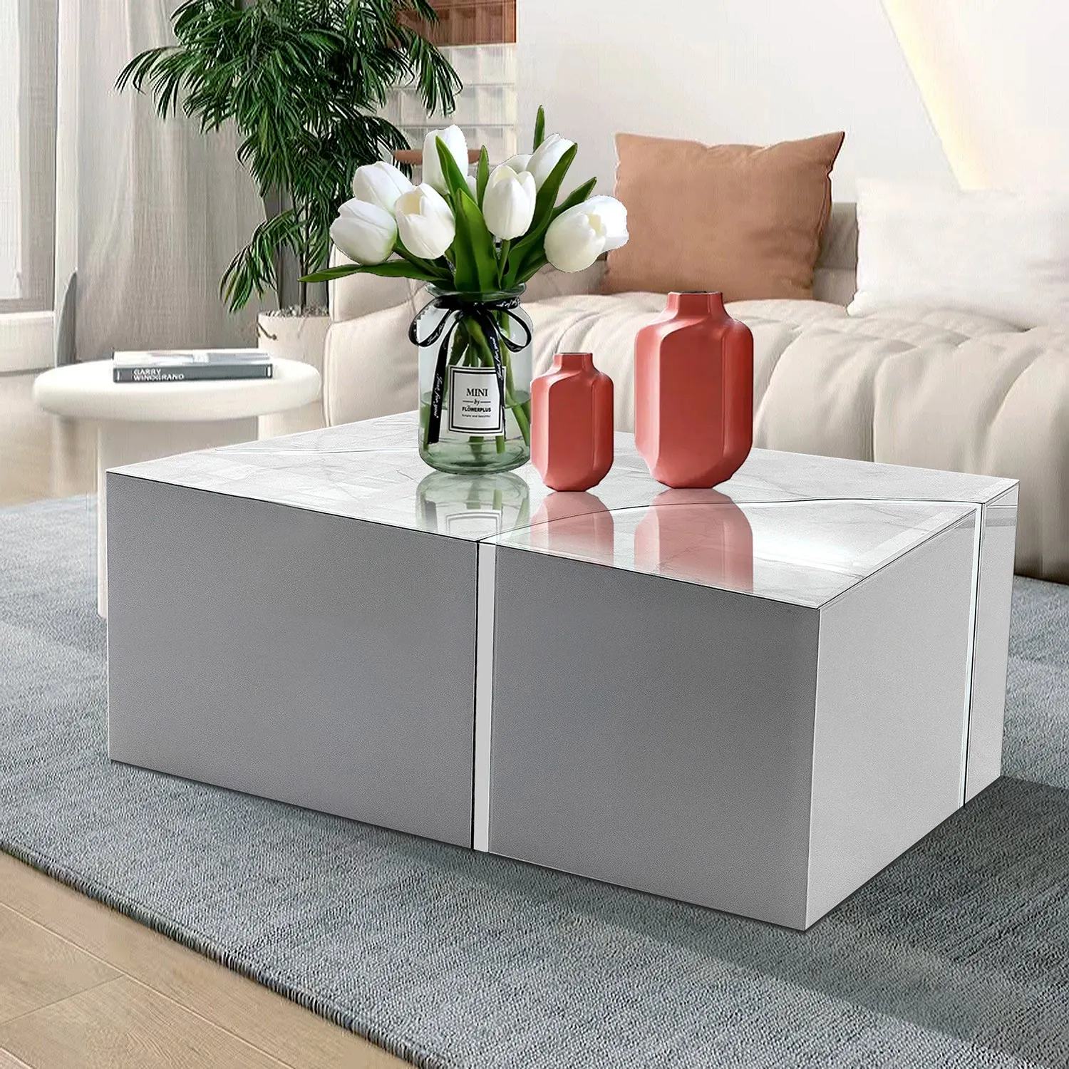Modern Rectangular Coffee Table - Shiny White Design with Silver Accent