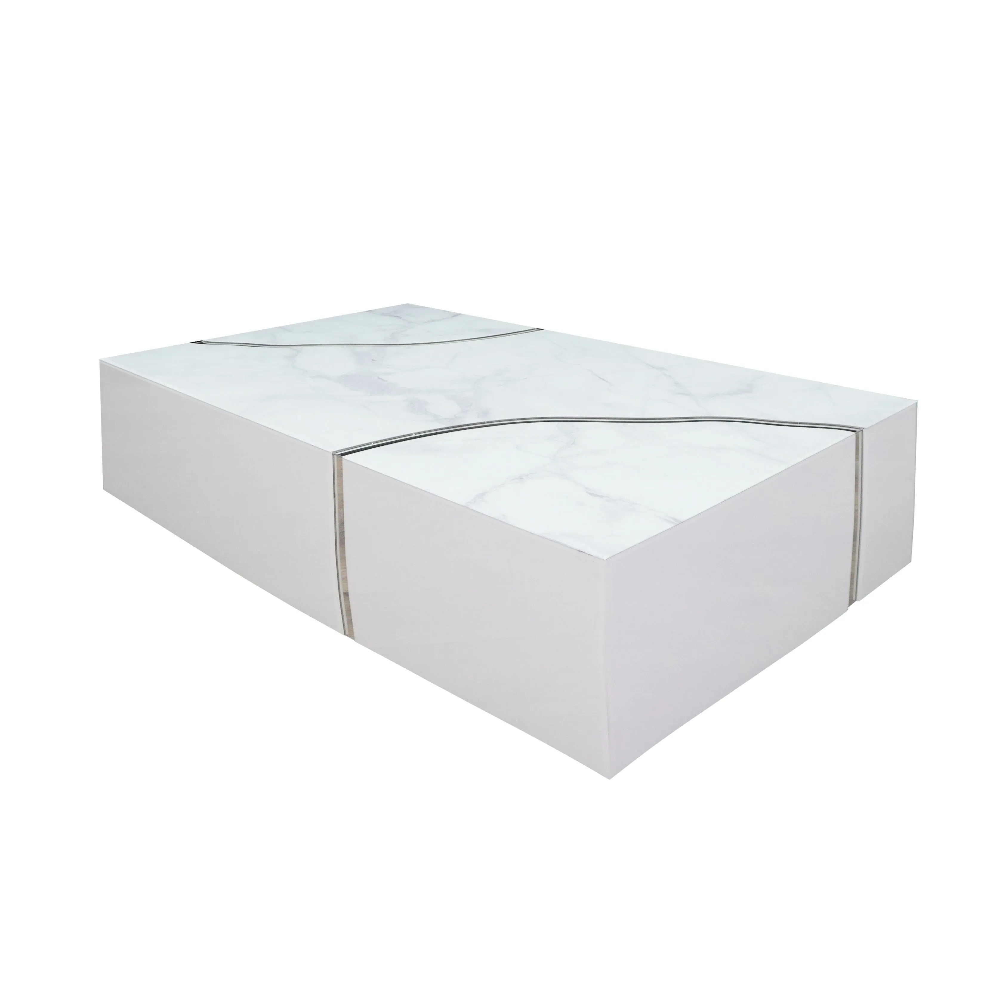 Modern Rectangular Coffee Table - Shiny White Design with Silver Accent